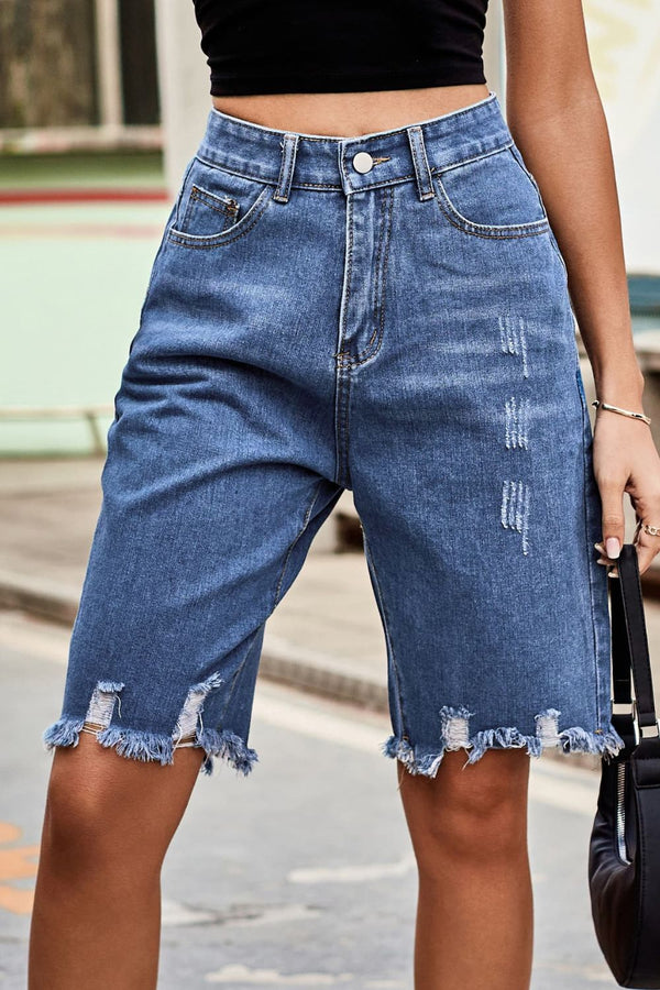 Raw Hem High Waist Denim Shorts with Pockets-Teresa's Fashionista LLC
