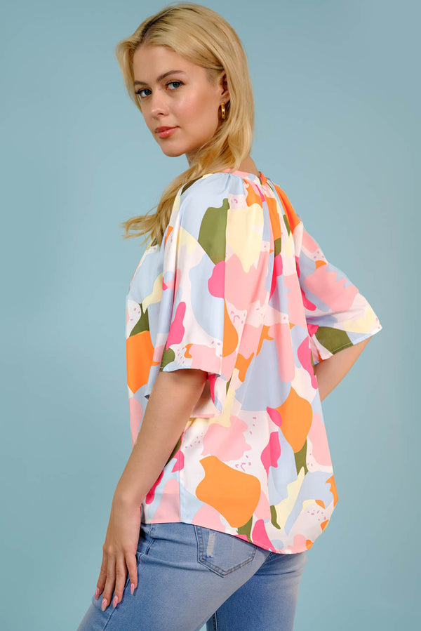 Printed Notched Neck Half Sleeve Blouse-Teresa's Fashionista LLC
