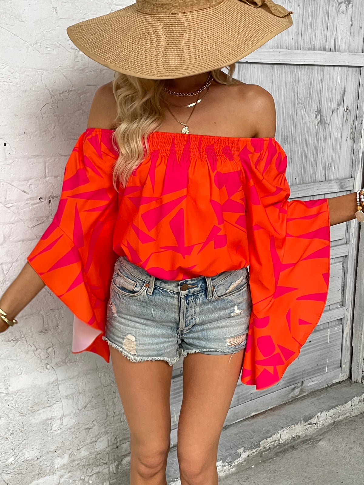 Printed Off-Shoulder Bell Sleeve Blouse-Teresa&#39;s Fashionista LLC