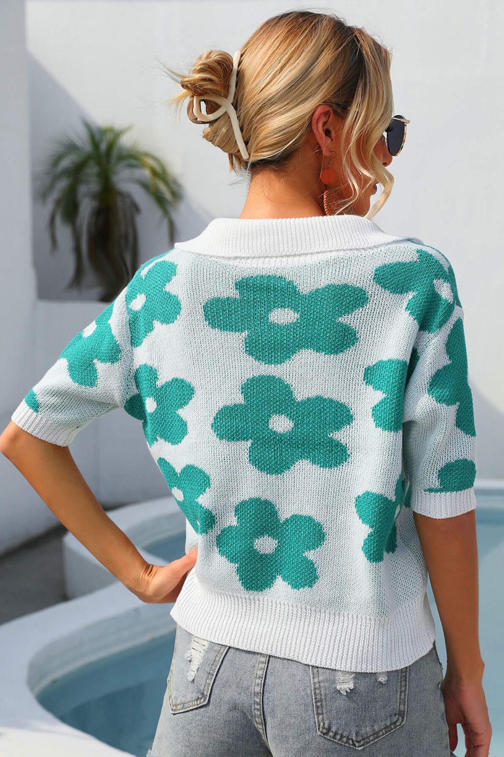 Floral Johnny Collar Half Sleeve Knit Top-Teresa's Fashionista LLC
