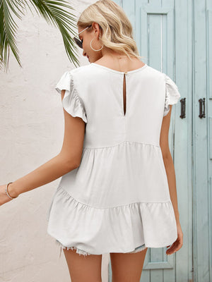 Round Neck Flutter Sleeve Tiered Blouse-Teresa's Fashionista LLC