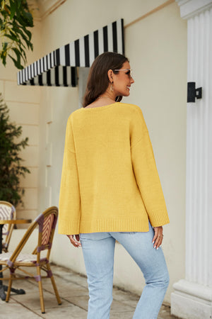 Drop Shoulder V-Neck Knit Pullover-Teresa's Fashionista LLC