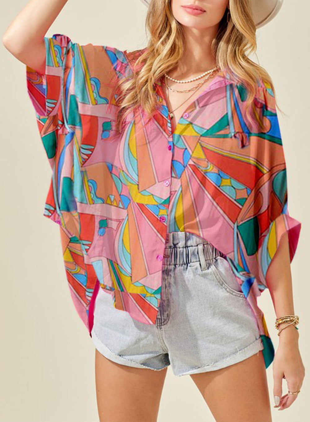Printed Dolman Sleeve Collared Shirt-Teresa's Fashionista LLC