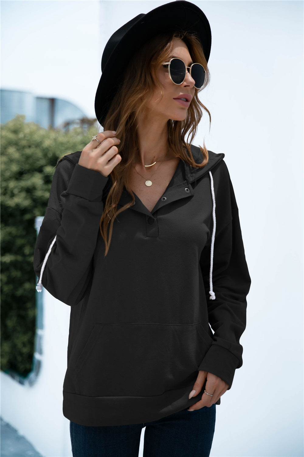 Quarter Snap Drawstring Hoodie with Kangaroo Pocket-Teresa&#39;s Fashionista LLC
