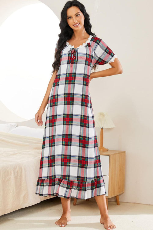 Plaid Lace Trim Ruffle Hem Night Dress-Teresa's Fashionista LLC