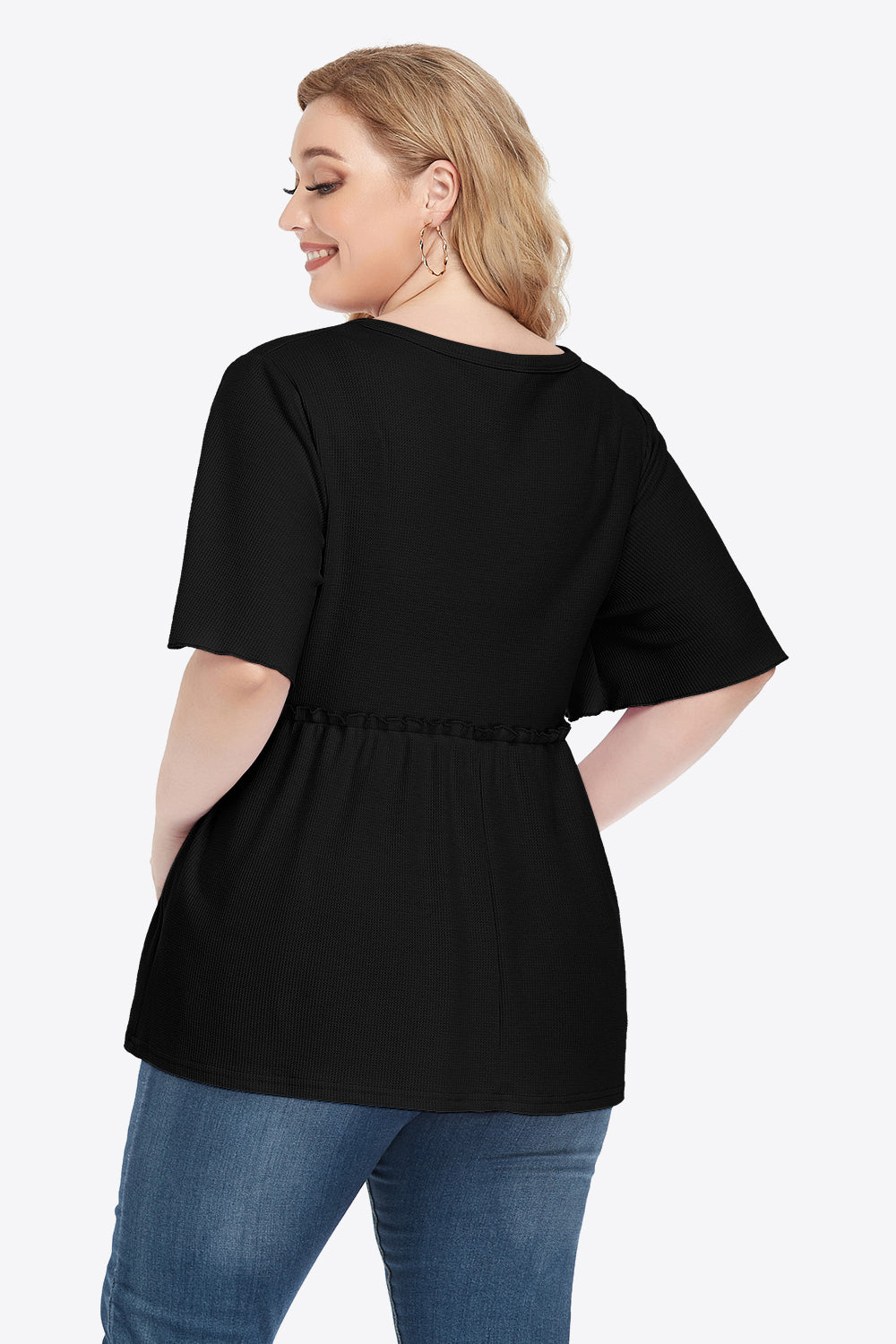 Plus Size Buttoned V-Neck Frill Trim Babydoll Blouse-Teresa&#39;s Fashionista LLC