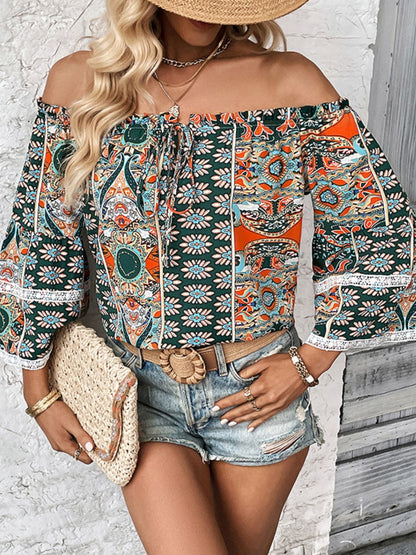 Printed Frill Trim Off-Shoulder Blouse-Teresa&#39;s Fashionista LLC