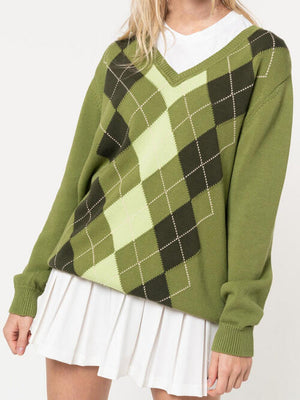 Geometric V-Neck Long Sleeve Sweater-Teresa's Fashionista LLC