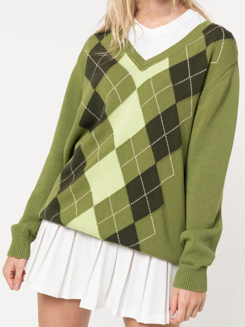 Geometric V-Neck Long Sleeve Sweater-Teresa's Fashionista LLC