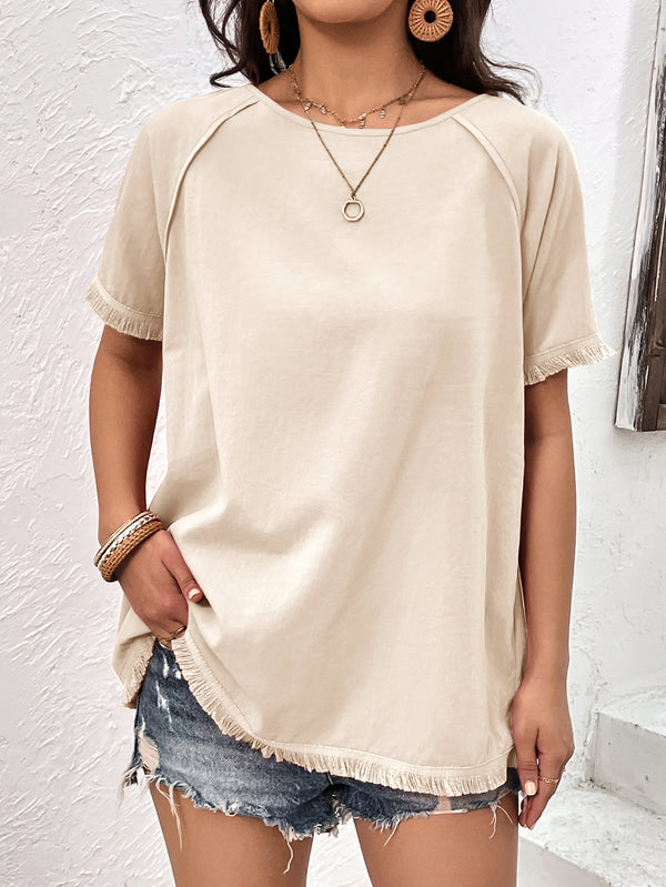 Round Neck Raglan Sleeve Fringe Detail Top-Teresa's Fashionista LLC