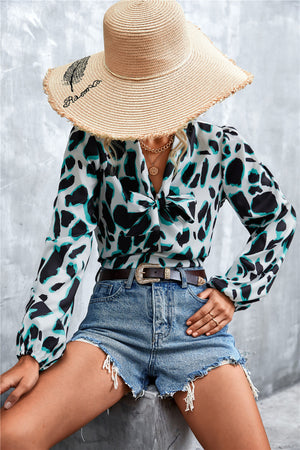 Printed Tie Neck Puff Sleeve Blouse-Teresa's Fashionista LLC