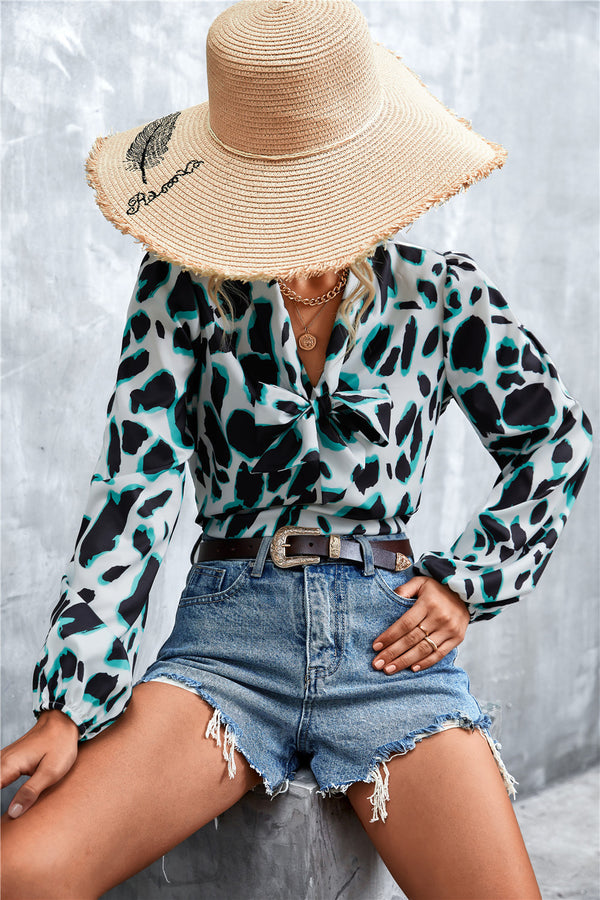 Printed Tie Neck Puff Sleeve Blouse-Teresa's Fashionista LLC