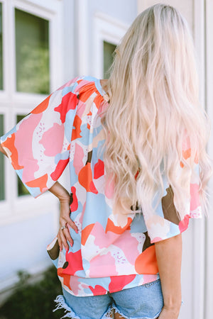 Printed Notched Neck Half Sleeve Blouse-Teresa's Fashionista LLC