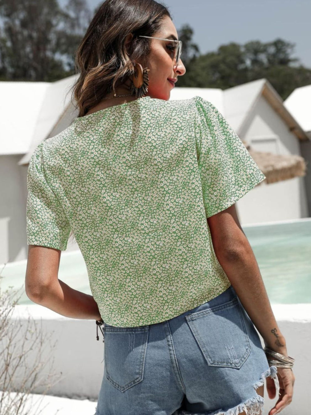 Floral Drawstring Deep V Cropped Blouse-Teresa's Fashionista LLC