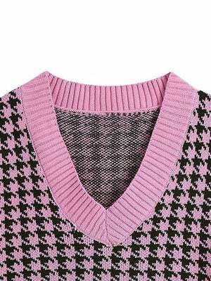 Houndstooth V-Neck Sweater Vet-Teresa's Fashionista LLC