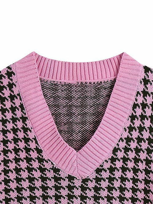 Houndstooth V-Neck Sweater Vet-Teresa's Fashionista LLC