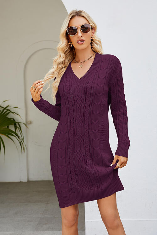 Cable-Knit Long Sleeve Sweater Dress-Teresa&#39;s Fashionista LLC