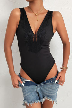Spliced Lace Deep V Sleeveless Bodysuit-Teresa's Fashionista LLC