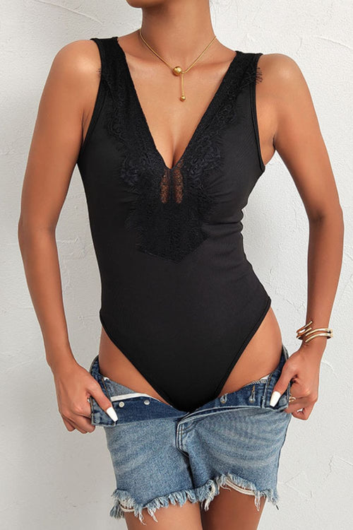 Spliced Lace Deep V Sleeveless Bodysuit-Teresa's Fashionista LLC