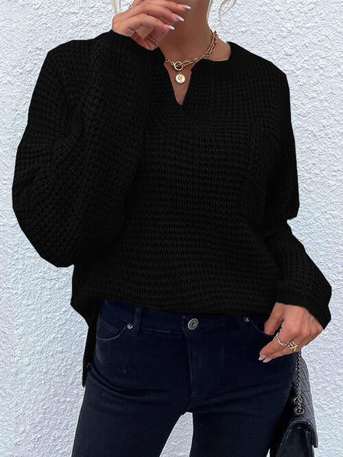Notched Long Sleeve Sweater-Teresa's Fashionista LLC