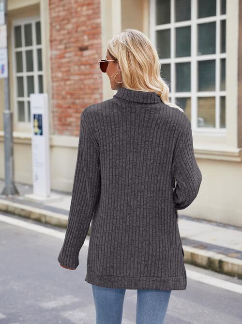 Ribbed Turtleneck Long Sleeve Slit Knit Top-Teresa's Fashionista LLC