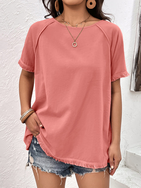 Round Neck Raglan Sleeve Fringe Detail Top-Teresa's Fashionista LLC