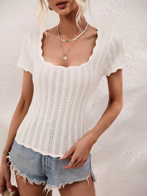 Scalloped Hem Square Neck Knit Top-Teresa's Fashionista LLC