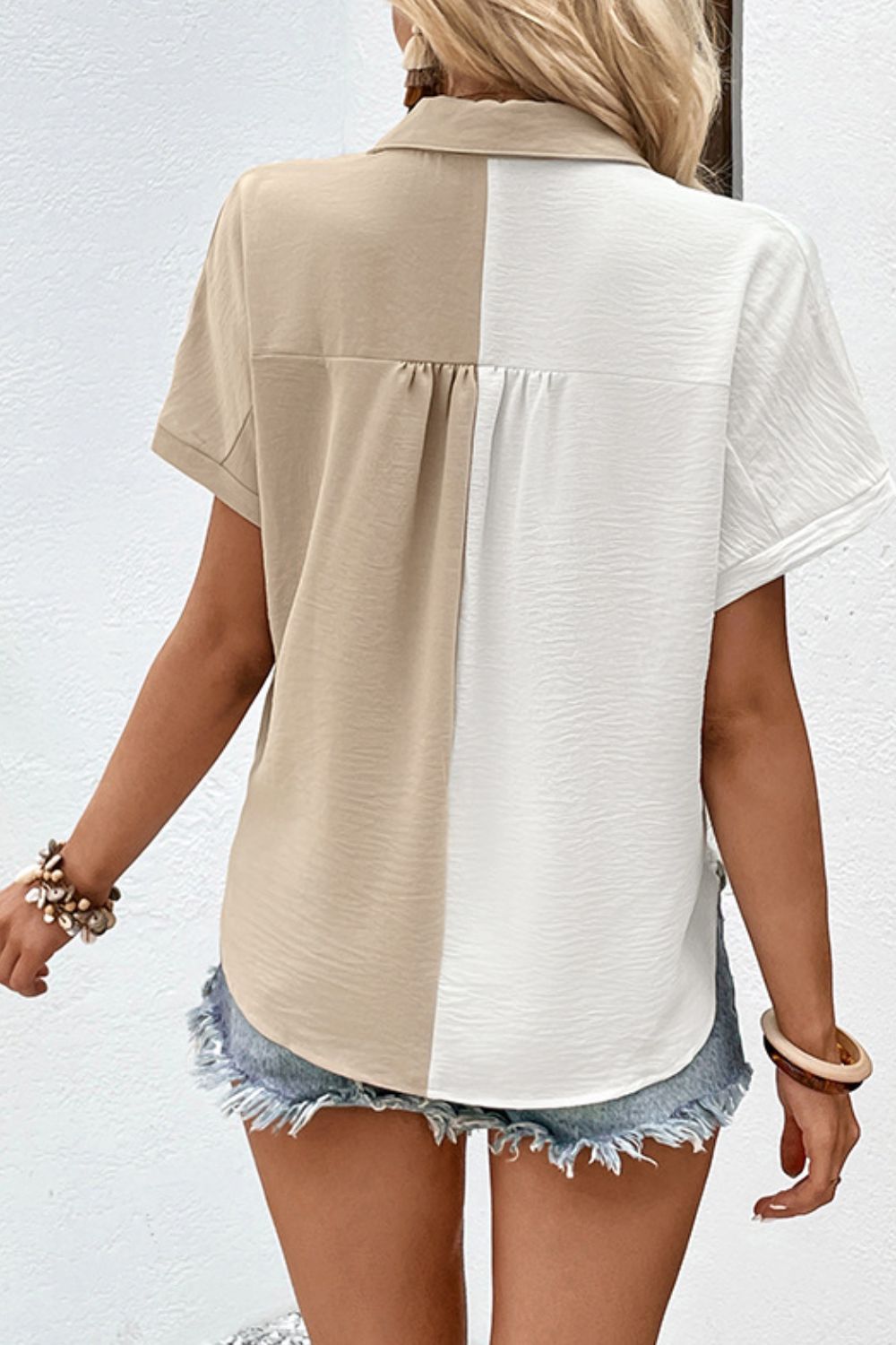 Two-Tone Contrast Short Sleeve Shirt-Teresa's Fashionista LLC