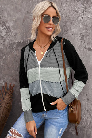 Zip-Up Raglan Sleeve Openwork Hooded Cardigan-Teresa's Fashionista LLC