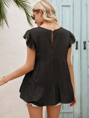 Round Neck Flutter Sleeve Tiered Blouse-Teresa's Fashionista LLC