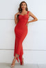 Ruched sweetheart neck midi dress in solid red, sleeveless, with hem detail and zipper closure.