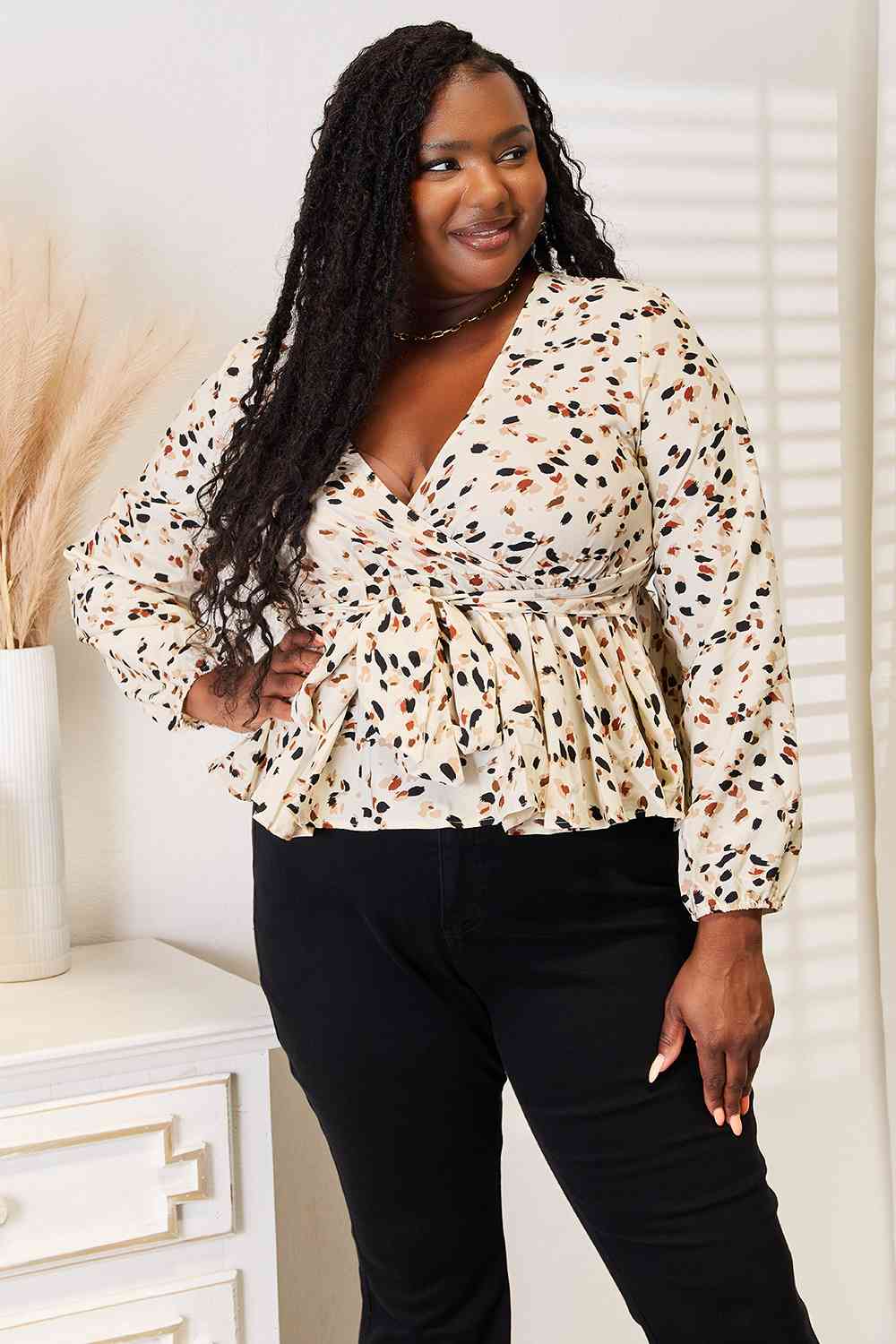 Double Take Printed Tied Plunge Peplum Blouse-Teresa's Fashionista LLC