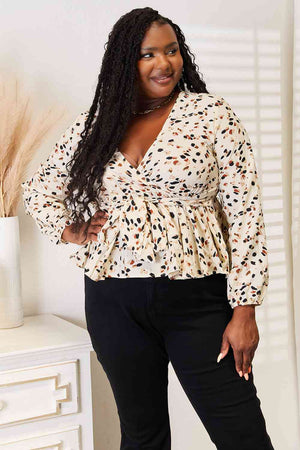 Double Take Printed Tied Plunge Peplum Blouse-Teresa's Fashionista LLC