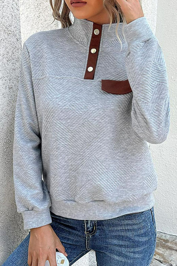 Contrast Ribbed Quarter-Snap Sweatshirt-Teresa's Fashionista LLC