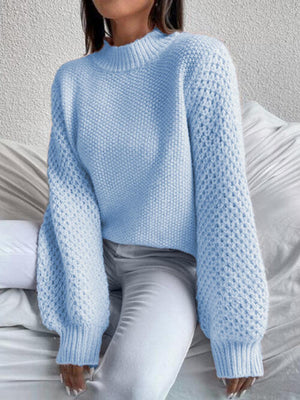 Openwork Mock Neck Long Sleeve Sweater-Teresa's Fashionista LLC