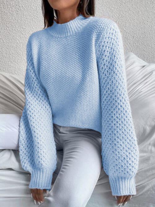 Openwork Mock Neck Long Sleeve Sweater-Teresa&#39;s Fashionista LLC