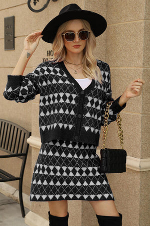 Geometric Button Front Cardigan and Skirt Set-Teresa's Fashionista LLC