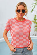Checkered Short Sleeve Knit Top-Teresa's Fashionista LLC