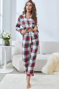 Plaid Button Front Top and Pants Lounge Set-Teresa's Fashionista LLC