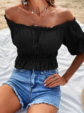 Off-Shoulder Frill Trim Peplum Top-Teresa's Fashionista LLC