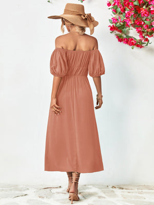 Chic off-shoulder balloon sleeve midi dress with puff sleeves and A-line hem.