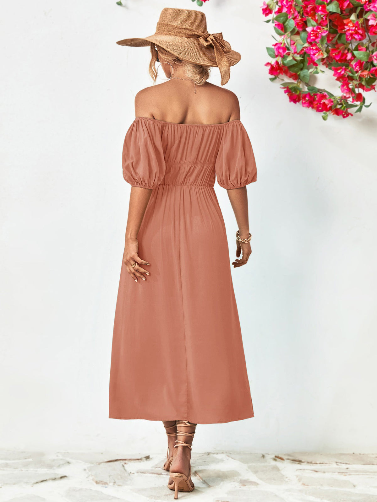 Chic off-shoulder balloon sleeve midi dress with puff sleeves and A-line hem.