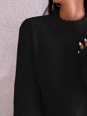 Openwork Mock Neck Long Sleeve Sweater-Teresa's Fashionista LLC