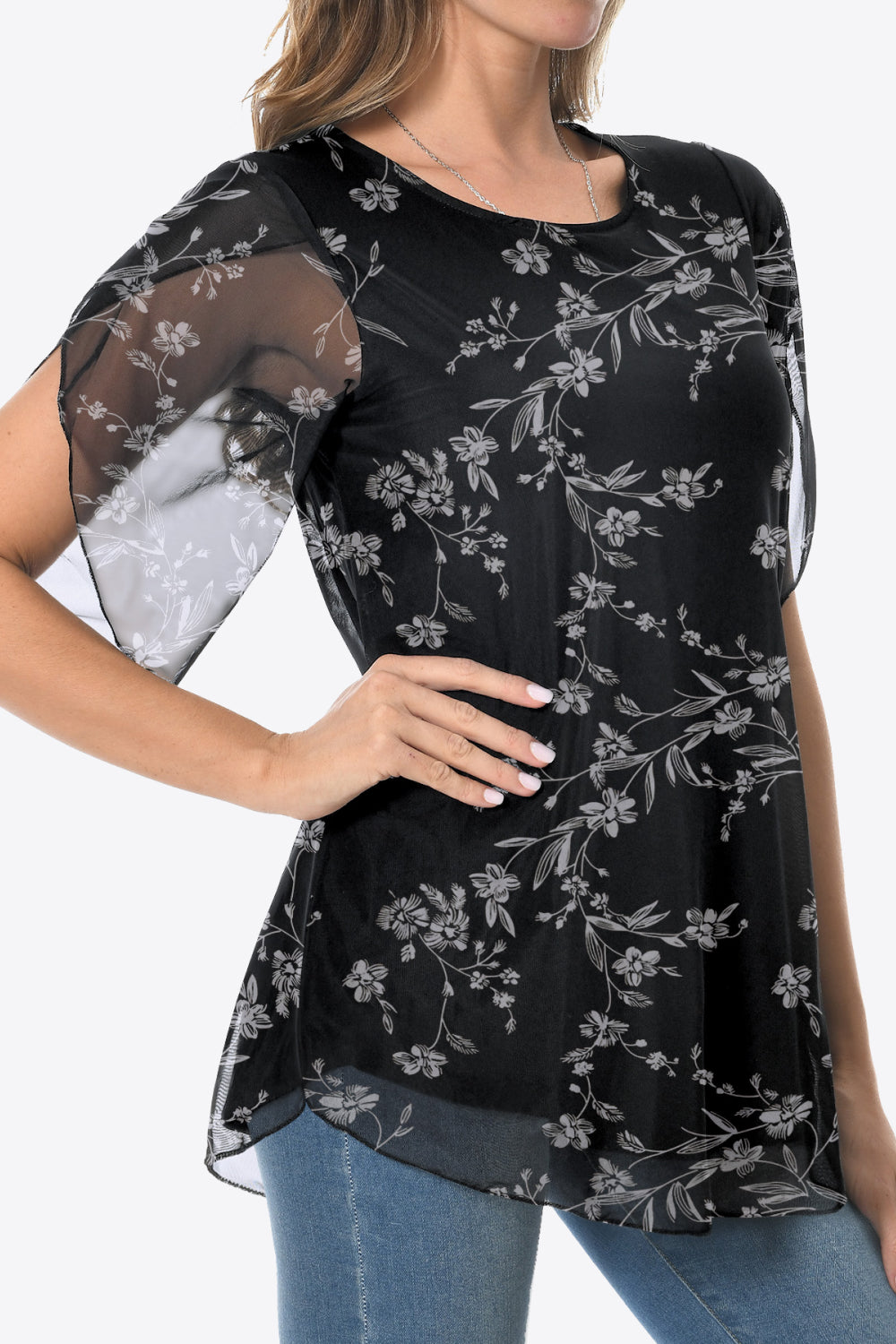 Printed Round Neck Curved Hem Blouse-Teresa&#39;s Fashionista LLC