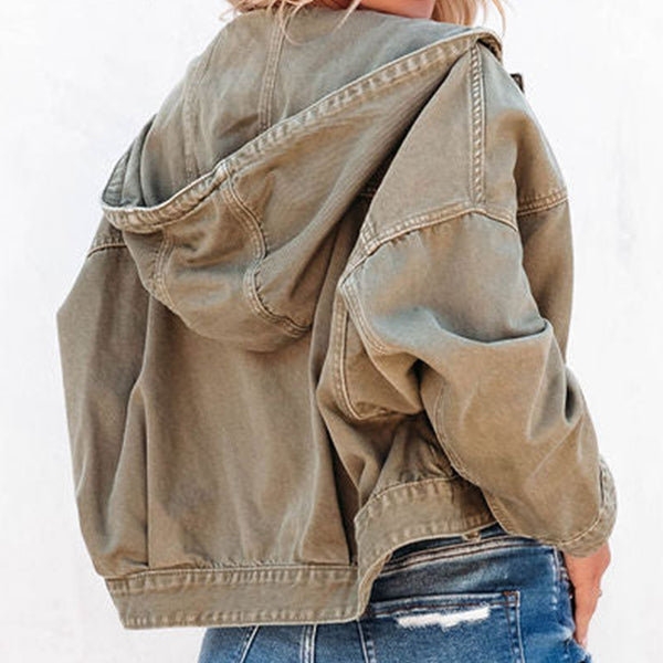 Hooded Dropped Shoulder Denim Jacket-Teresa's Fashionista LLC
