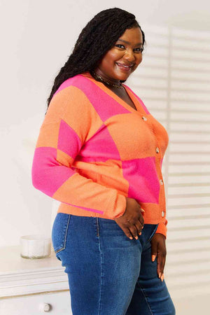 Woven Right Checkered V-Neck Dropped Shoulder Cardigan-Teresa's Fashionista LLC