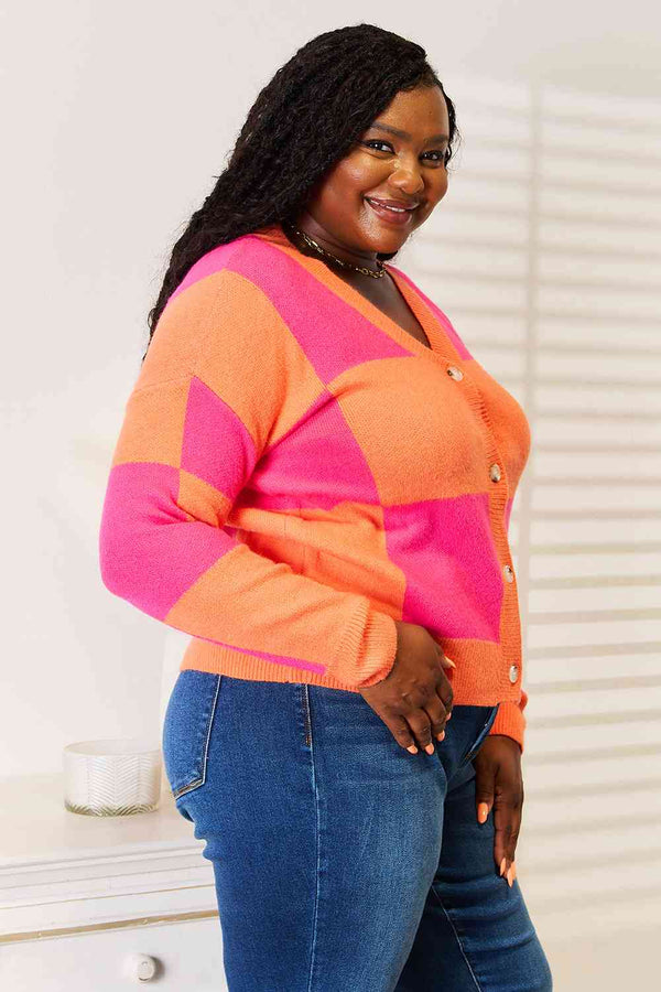 Woven Right Checkered V-Neck Dropped Shoulder Cardigan-Teresa's Fashionista LLC