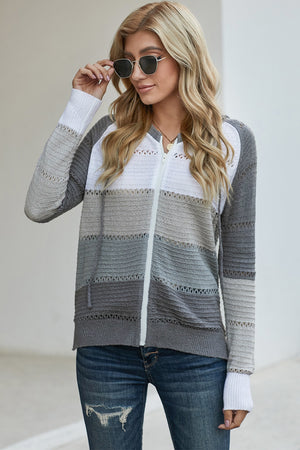 Zip-Up Raglan Sleeve Openwork Hooded Cardigan-Teresa's Fashionista LLC