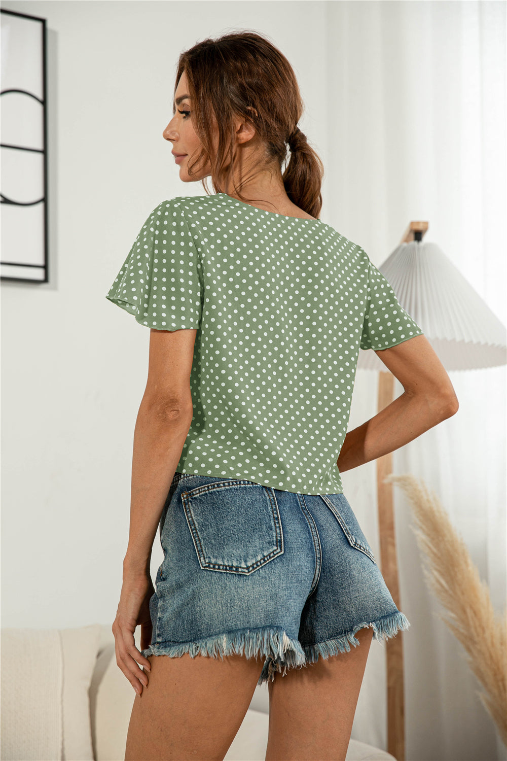 Decorative Button V-Neck Tied Blouse-Teresa&#39;s Fashionista LLC