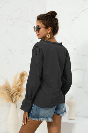 Frill Trim V-Neck Flounce Sleeve Shirt-Teresa's Fashionista LLC